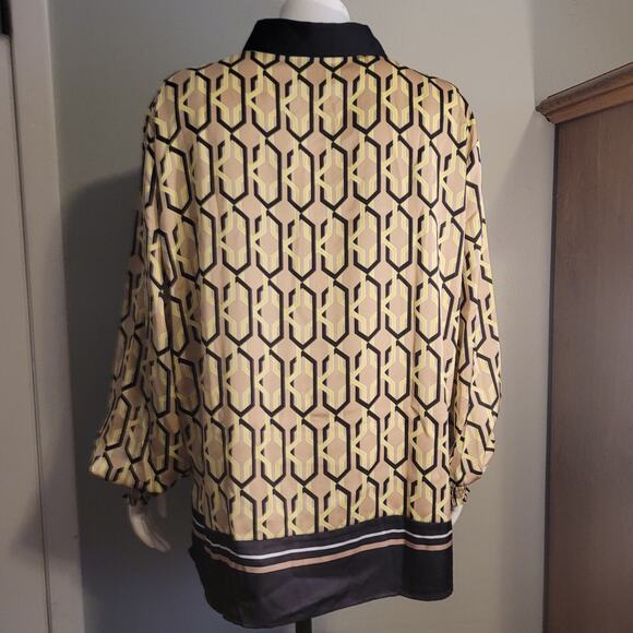 NWT NY & Co XXL Gold Black Geometric Blouse Balloon Poet Sleeve Silky Art Deco - Picture 4 of 9